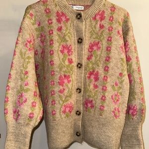 Zara Pink and Green Floral Cardigan Sweater